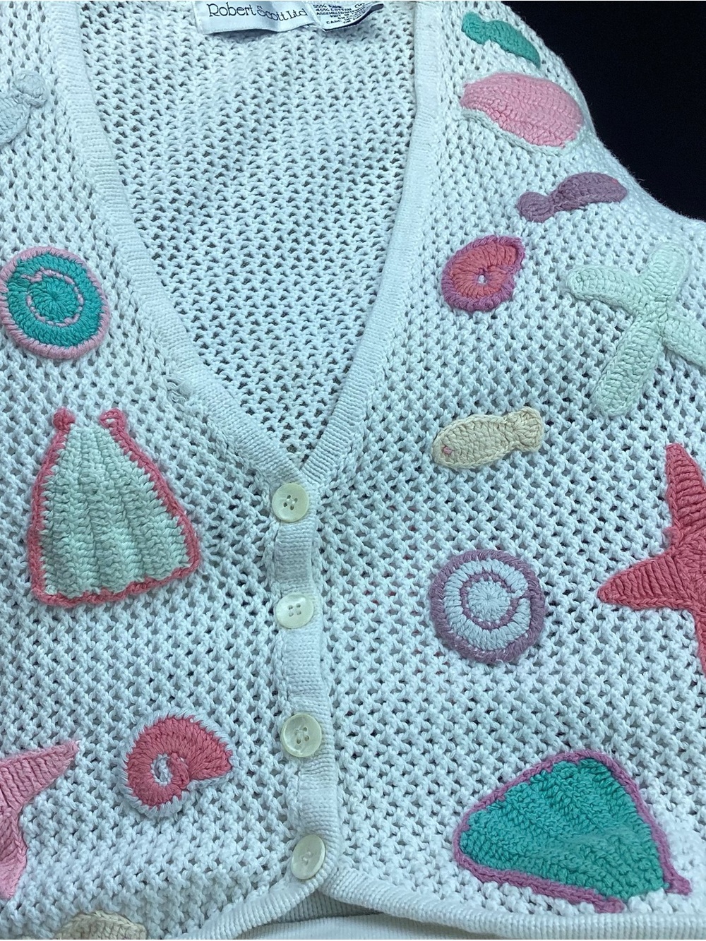 Robert Scott Cream Crochet Shell&Starfish Grandmacore Vest some imperfections - Picture 1 of 7